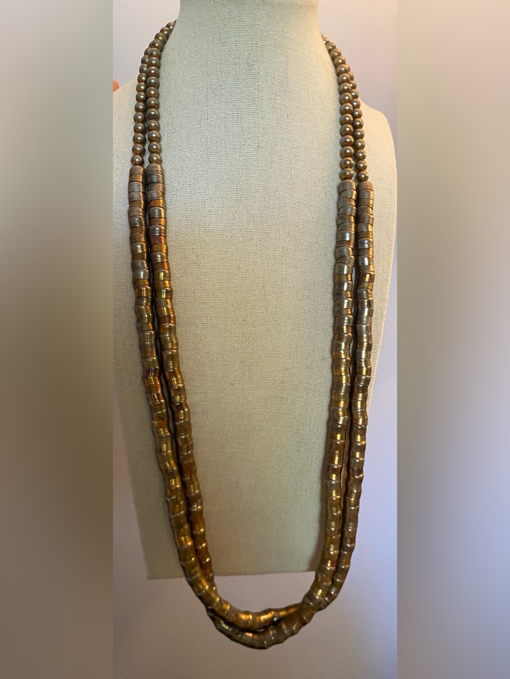 Vintage Two-Tone Double Strand Heishi Bead Necklace 29” Southwestern